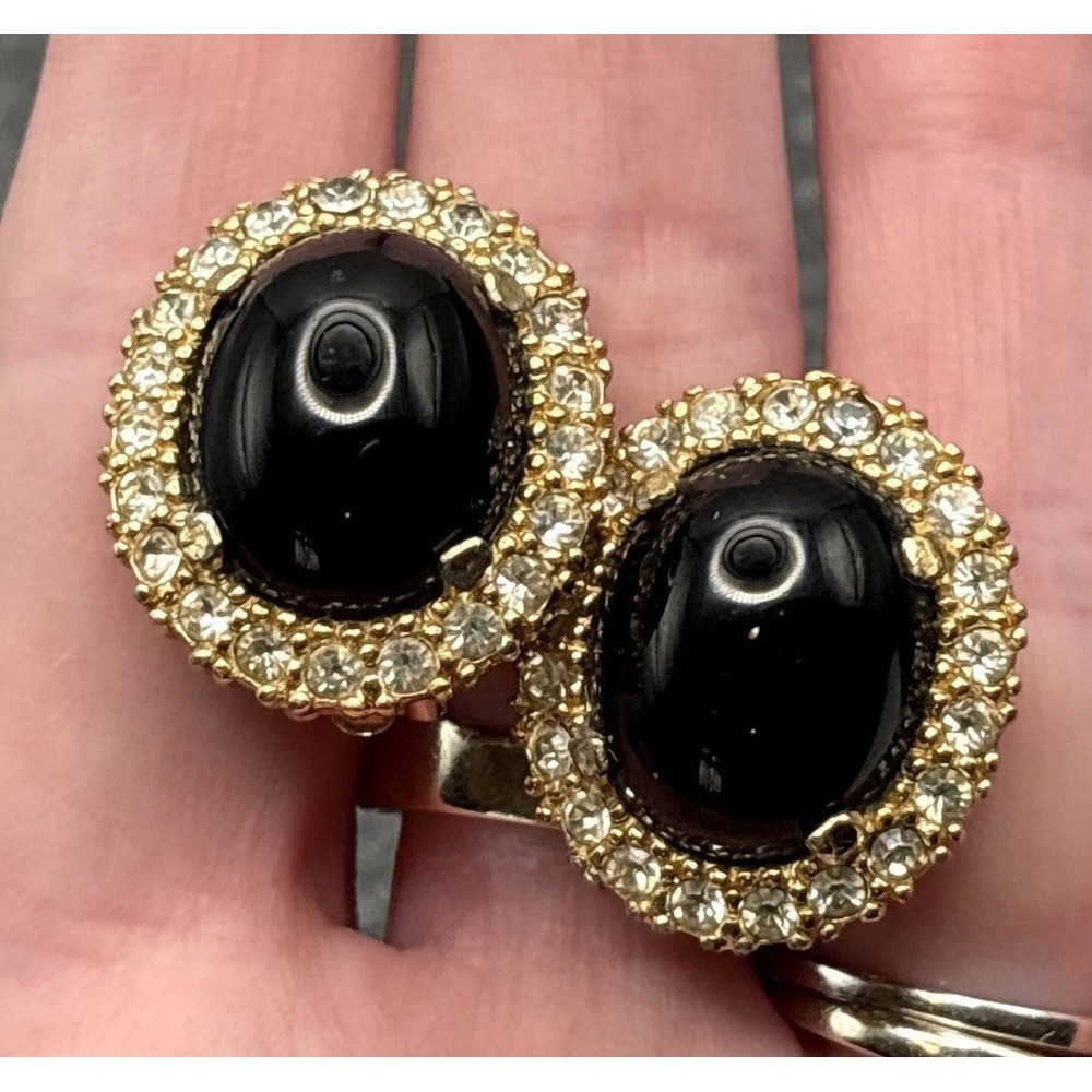 Vintage Ciner Faux Black Onyx Glass Rhinestone Clip On Chunky Earrings Gold Tone